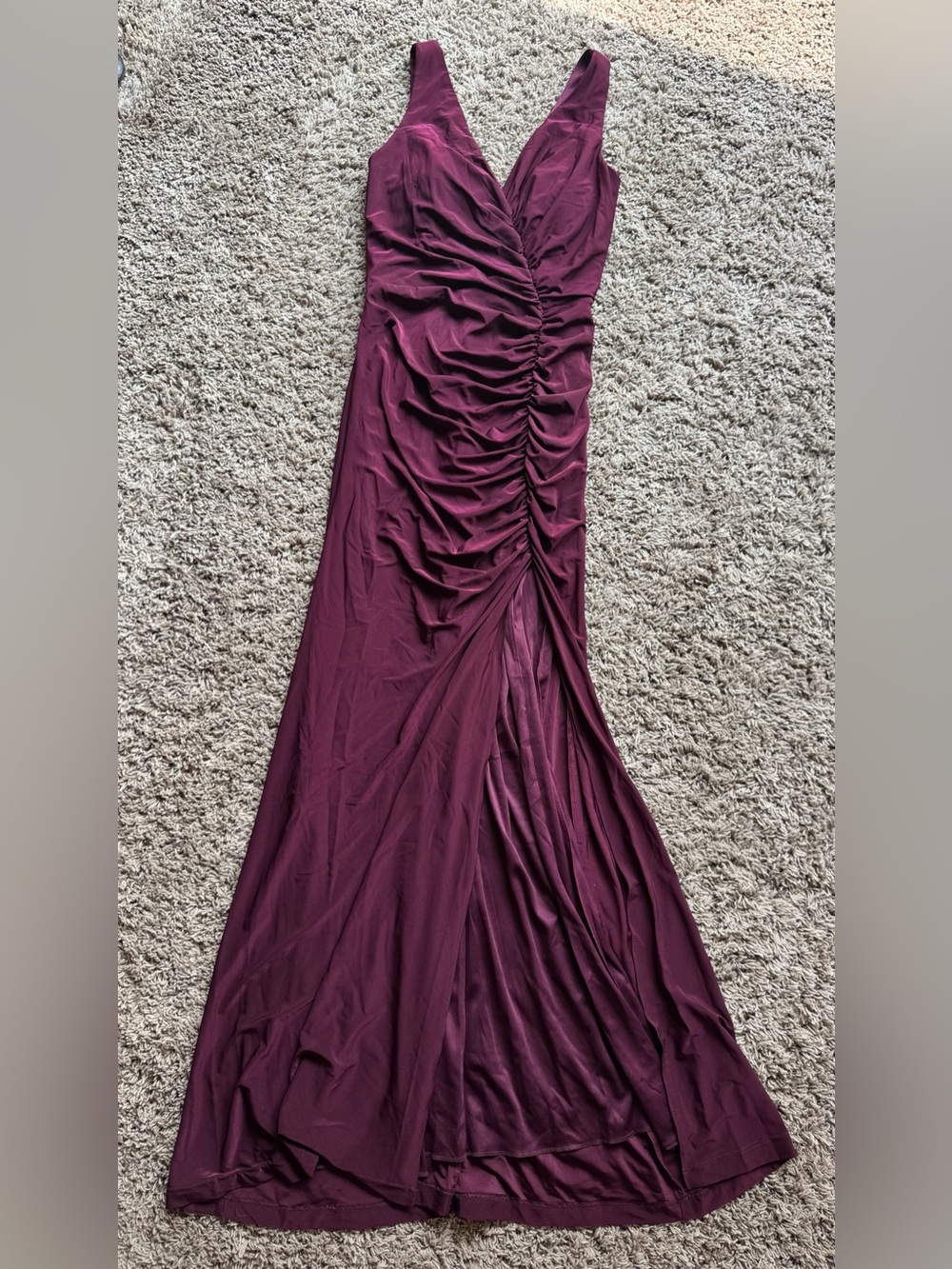 V-Neck Burgundy Ruched Prom Gown